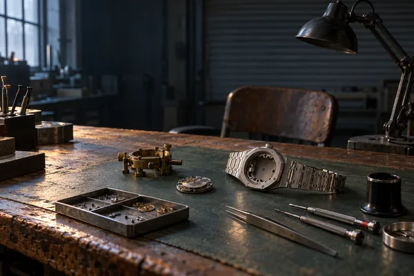 Dim watchmaker's bench with an empty octagonal-bezel steel case on its bracelet, a loose movement, parts tray, tweezers, screwdrivers and a loupe