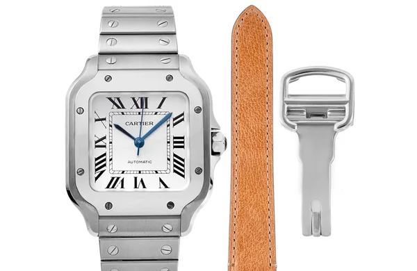 BVF Santos Medium WSSA0029, white Roman-numeral dial, steel case and bracelet, front view with spare leather strap and clasp