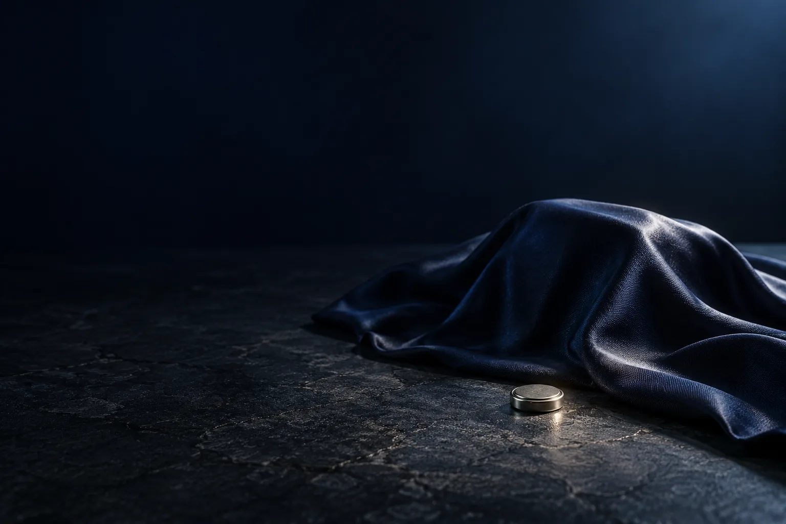 Navy silk cloth draped over a hidden object on a dark stone floor, a small button-cell battery beside it