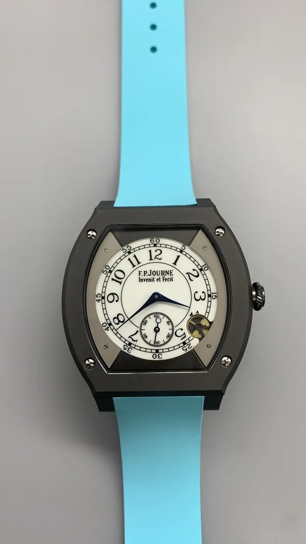 Élégante 48 mm replica, white dial, dark case, sky blue rubber strap, front view