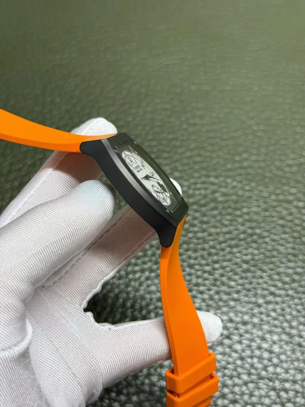Élégante 48 mm replica, white dial, black case, orange rubber strap