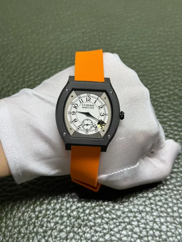 Élégante 48 mm replica, white dial, black case, orange rubber strap