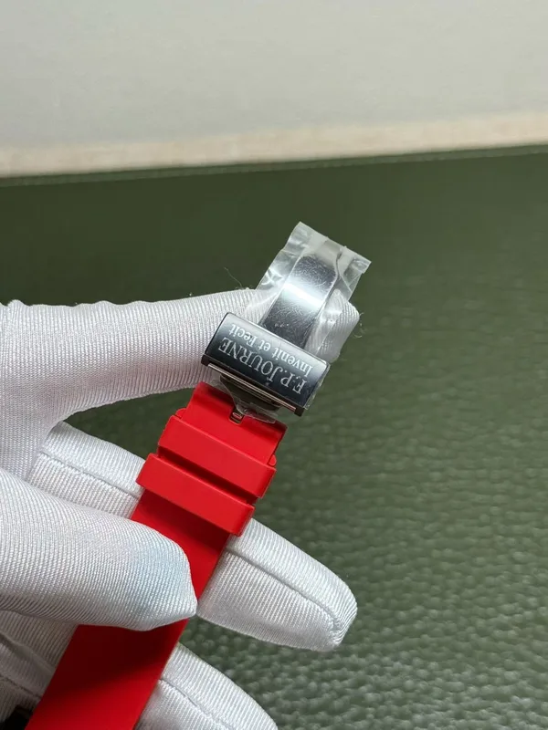 Élégante 48 mm replica, red dial, black case, red rubber strap
