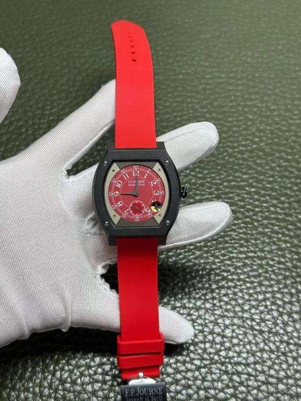 Élégante 48 mm replica, red dial, black case, red rubber strap