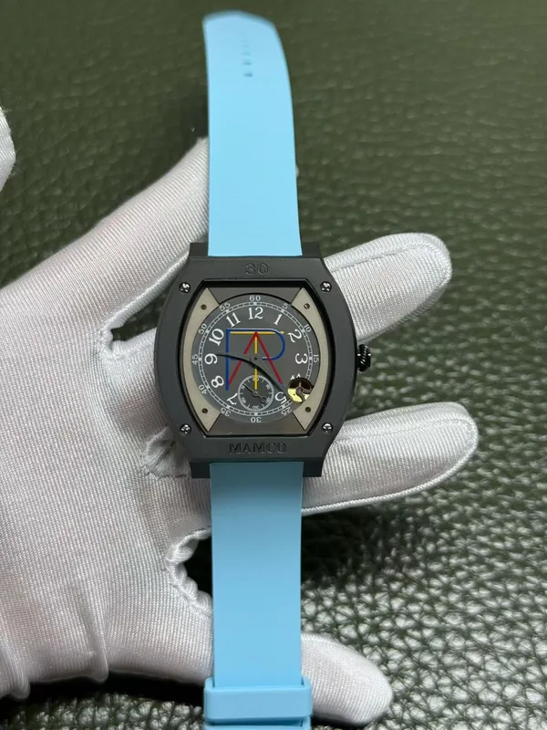 Élégante 48 mm replica, sky blue rubber strap, black case