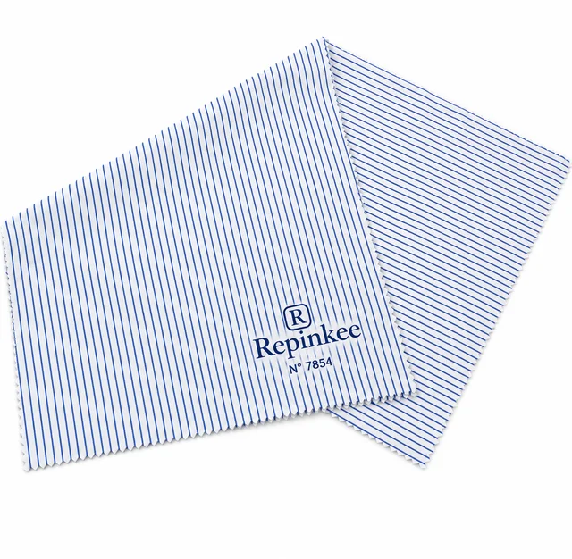 Blue-striped Repinkee cleaning cloth with R logo, numbered 7854