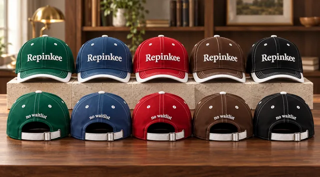 Ten Repinkee caps in green, blue, red, brown and black, fronts on the top shelf and backs below, on a wooden table