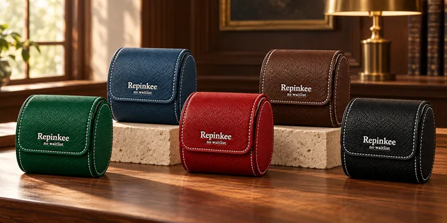 Five Repinkee single watch rolls in green, blue, red, brown and black pebbled leather on a wooden table