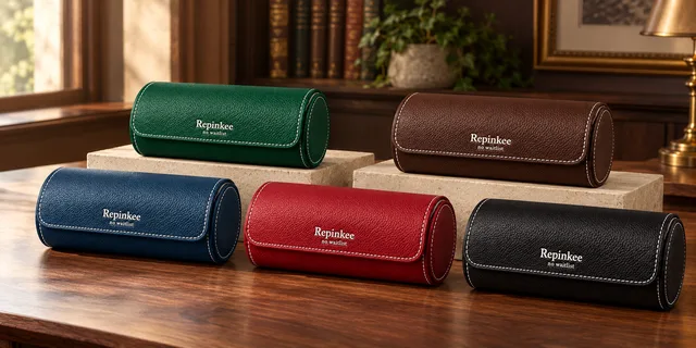 Five Repinkee three-watch rolls in green, brown, blue, red and black pebbled leather on a wooden table
