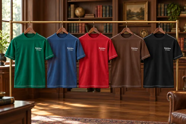 Five Repinkee T-shirts in green, blue, red, brown and black hanging on a rack