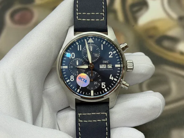 OCTA Pilot's Chronograph, blue dial, navy leather strap, dial view