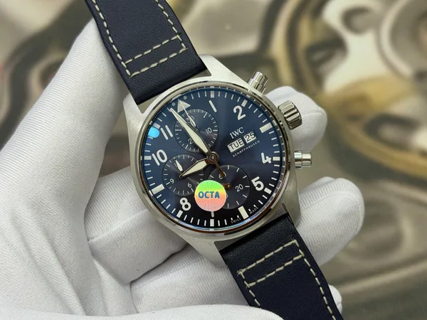 OCTA Pilot's Chronograph, blue dial, navy leather strap, angled dial view