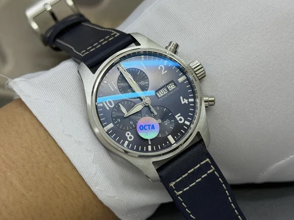 OCTA Pilot's Chronograph, blue dial, navy leather strap, on the wrist