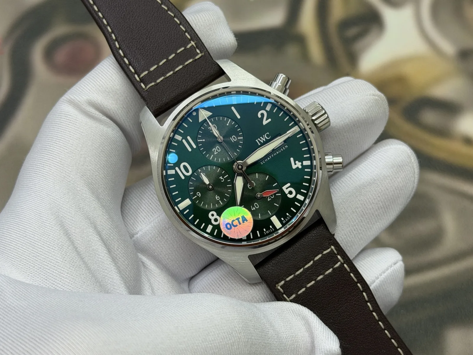 OCTA Pilot's Chronograph, green dial, brown leather strap
