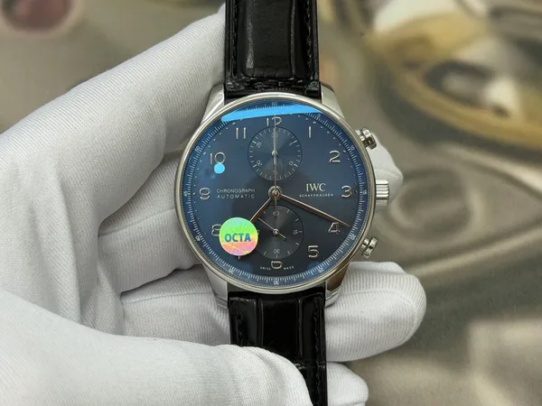 OCTA Portugieser Chronograph, blue dial, black leather strap, dial view