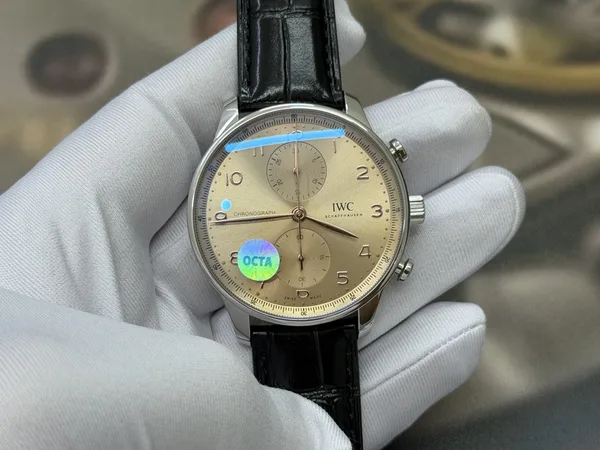 OCTA Portugieser Chronograph, dune dial, black leather strap, dial view