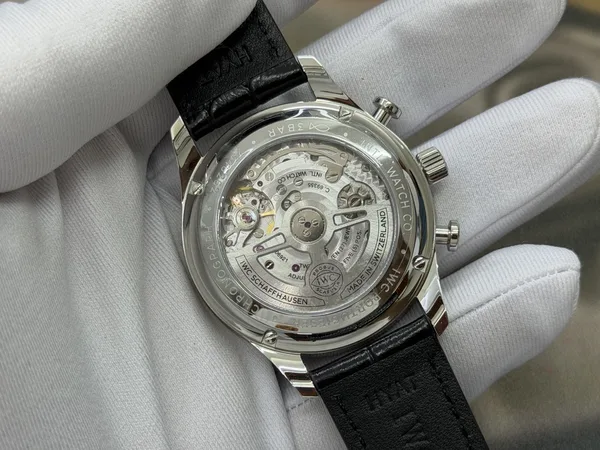 OCTA Portugieser Chronograph, dune dial, black leather strap, display caseback and movement